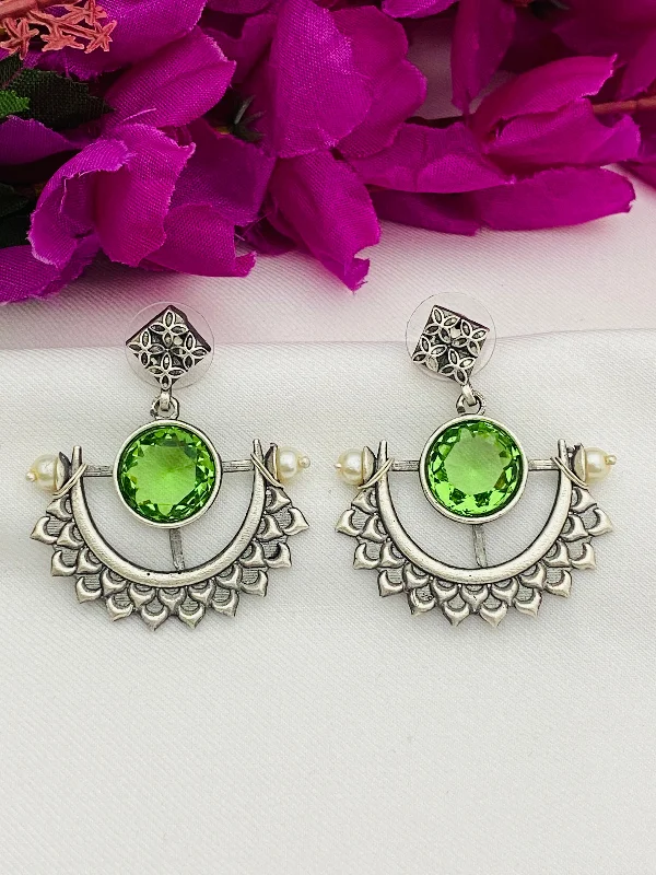 diamond stud earrings with halo for women -Charming Light Green Stone Studded Half Moon Designed Silver Plated Oxidized Earrings