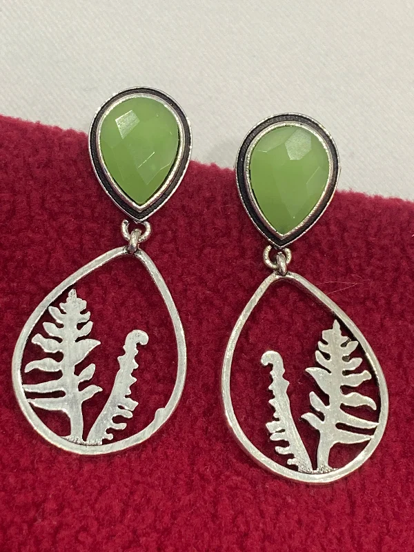 sterling silver earrings for women -Fascinating Olive Green Color AD Stone Studded Silver Plated Light Weight Oxidized Earrings