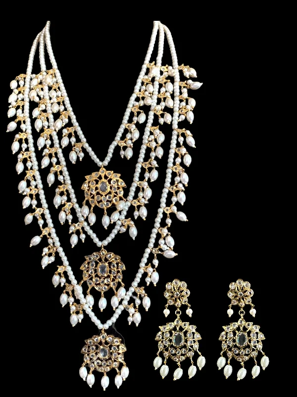 statement necklaces for women -SAT37 Farmana three layer Hyderabadi necklace in pearls  ( SHIPS IN 3 WEEKS )