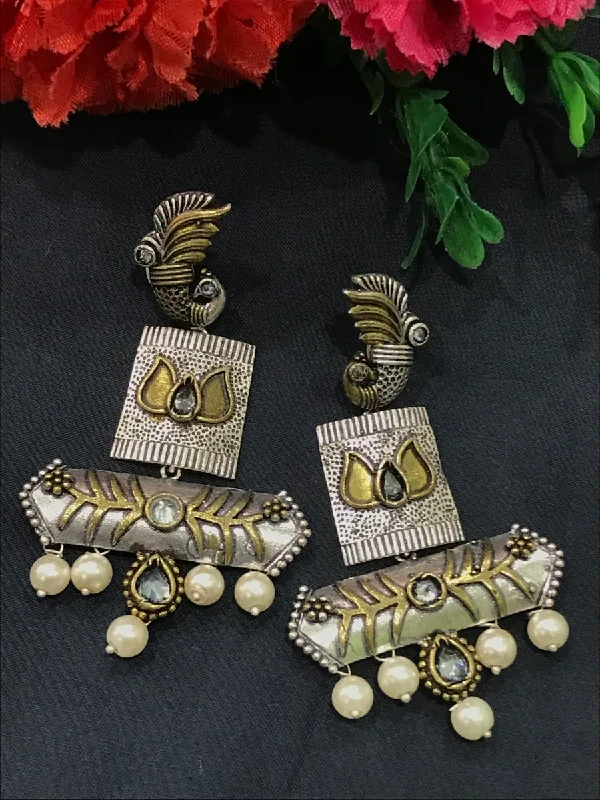 zirconia drop earrings for women -Beautiful Dual Tone Tribal Oxidized Earrings With Pearl Beads