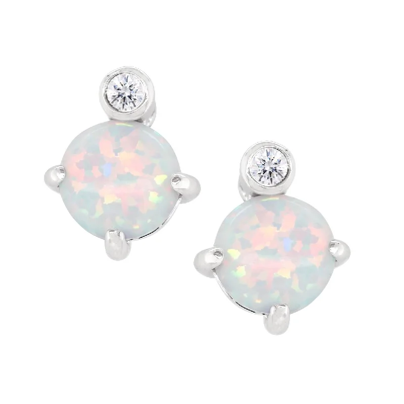 gold stud earrings for women -STERLING SILVER STUDS WITH LAB GROWN OPALS AND DIAMOND ACCENTS, .02 CT TW