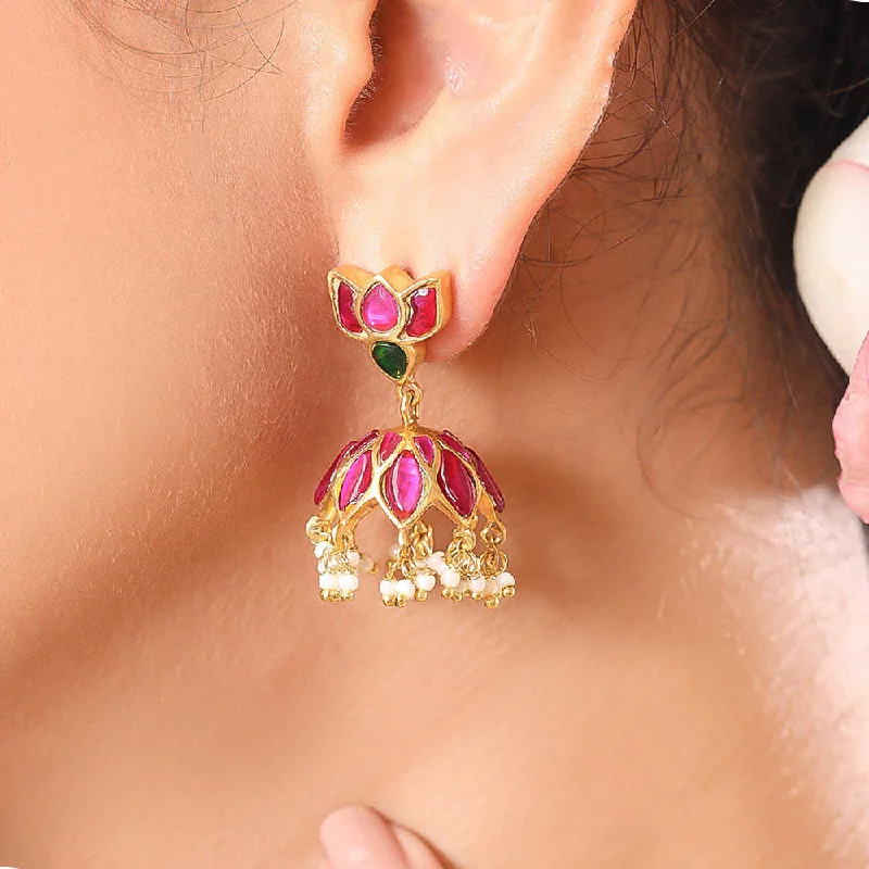 rhinestone earrings for women -Silver Lotus kundan jhumka