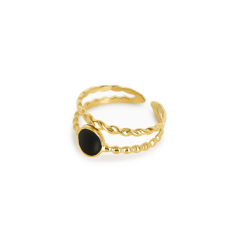 birthstone rings for women -Layered Onyx Adjustable Double Ring - Gold