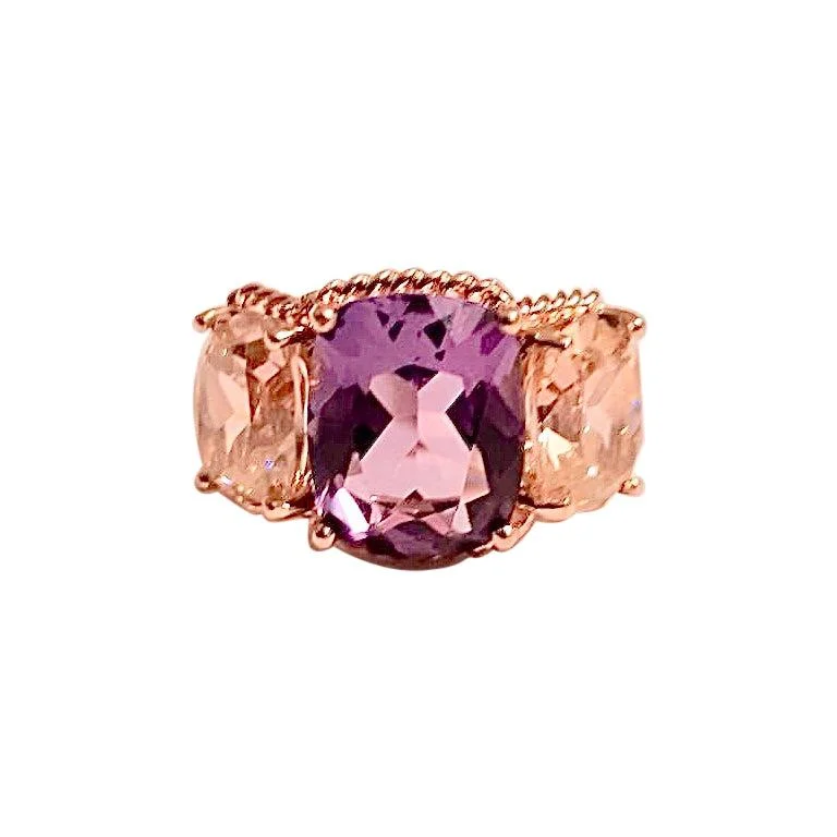 gemstone rings for women -Mini Three-Stone Amethyst Ring and Pink Topaz with Rose Gold Rope Twist Border