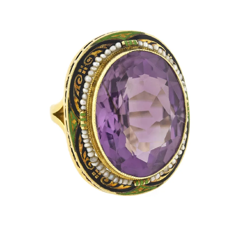 two-tone rings for women -Art Deco Large 14kt Enameled Amethyst + Seed Pearl Ring