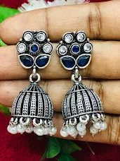 diamond earrings for women -Dazzling Fabulous Blue Color Oxidized Jhumka Earrings For Women