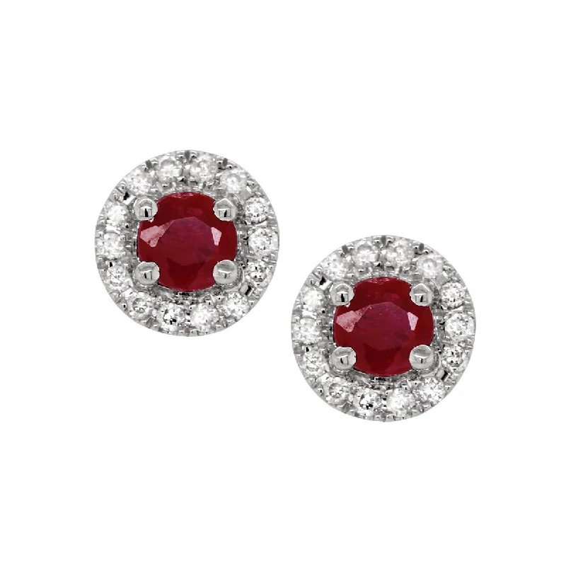 fashion statement earrings for women -WHITE GOLD RUBY EARRINGS WITH DIAMOND HALOS, .10 CT TW