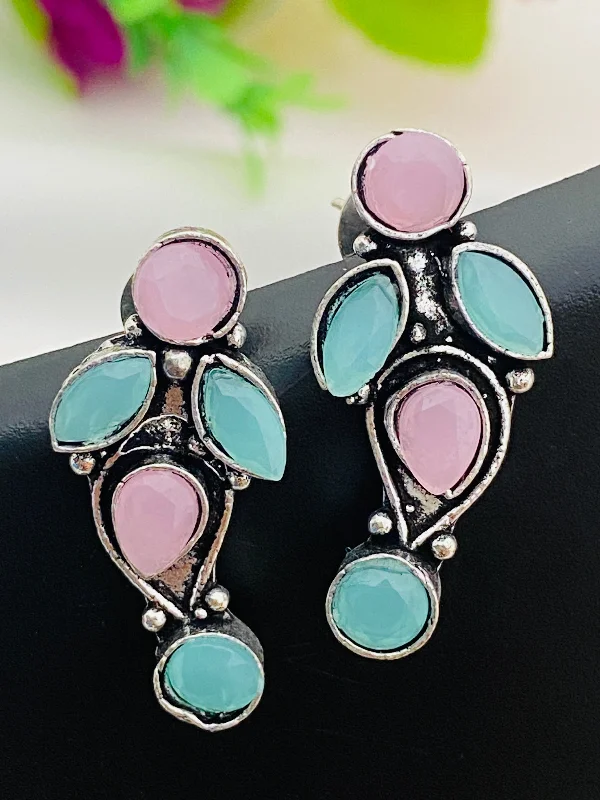 clip-on earrings for women -Elegant Blue And Pink Color Designer Silver Oxidized Earrings