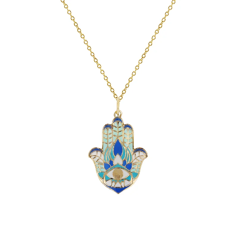 infinity pendant necklaces for women -Colorful-Enameled Evil-Eye Hamsa Hand Fancy Necklace (14K)