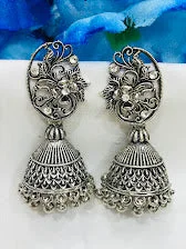 flower stud earrings for women -Elegant Oxidized Silver Colored Flower Design Jhumka for Women