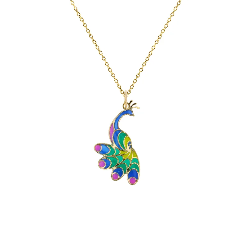 silver necklaces for women -Colorful-Enameled Peacock Fancy Necklace (14K)