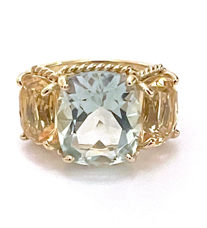 fashion rings for women -Mini Three Stone Ring with Rope Twist Border with Green Amethyst and Citrine