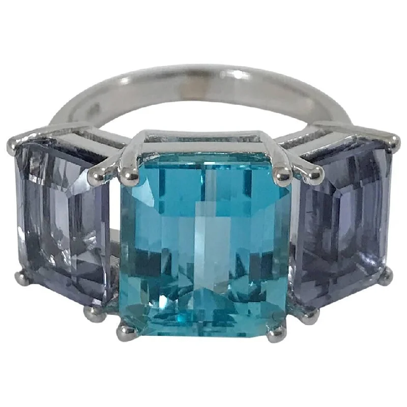 vintage-inspired rings for women -18kt White Gold Three Stone Emerald Cut Ring with Blue Topaz and Iolite