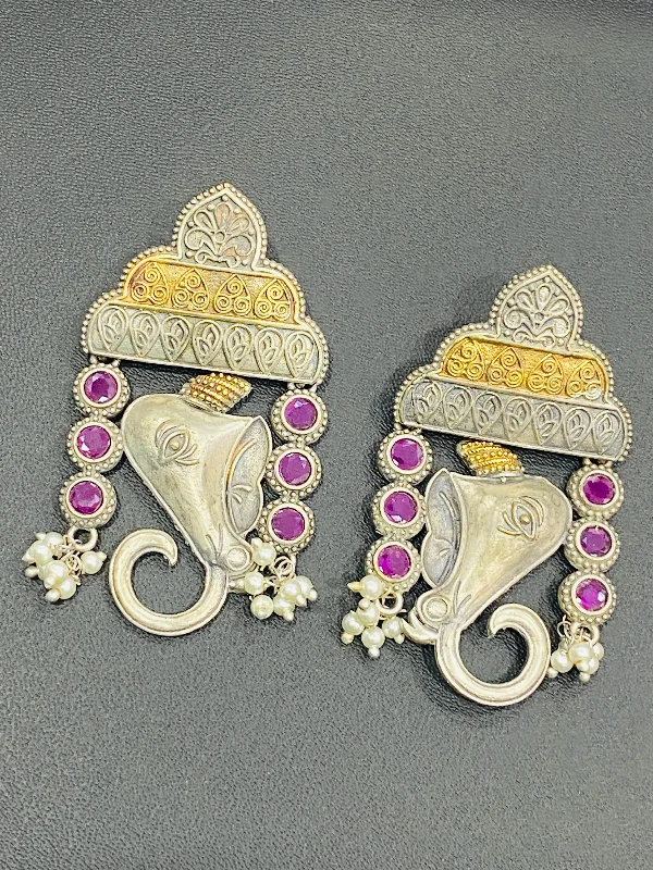 diamond stud earrings for women -Classic Silver Plated Stone Beaded Ganesh Designed Earrings With Two Tone Plating For Women