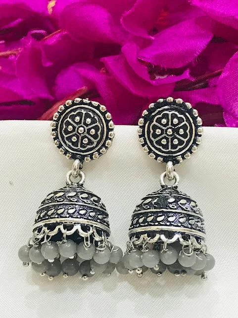 tassel drop earrings for women -Lovely Oxidized Jhumka Earrings With Grey Color Beads For Women