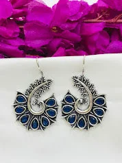 ear cuffs for women -Gorgeous Silver OXidized Peacock Design With Blue Stone Hook Earrings