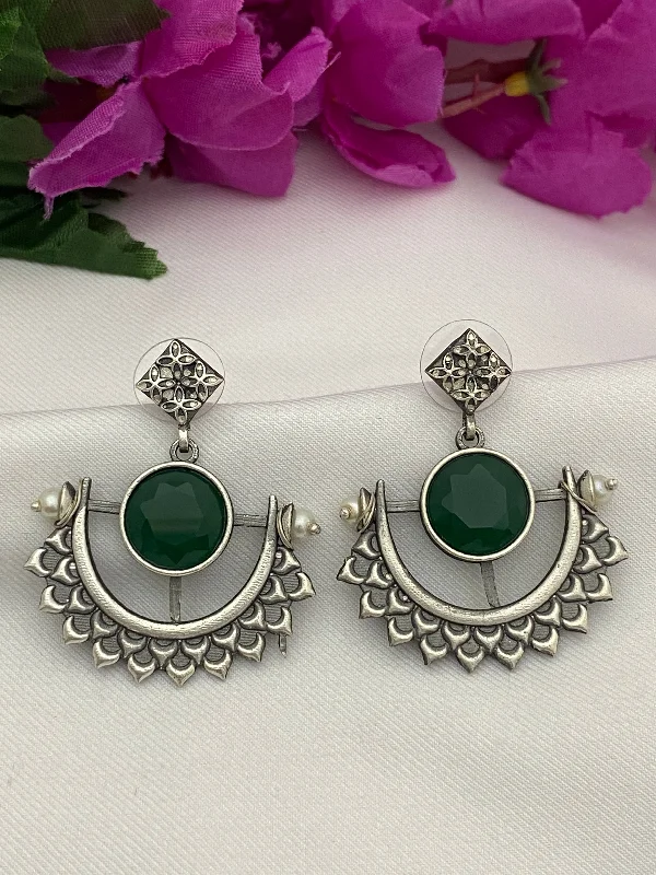 geometric earrings for women -Gorgeous Green Colored Stone Chaandbali Style Oxidized Earrings