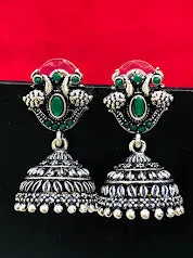 heart-shaped earrings for women -Elegant Oxidizes Green Color Peacock Design Jhumka Earrings For Women