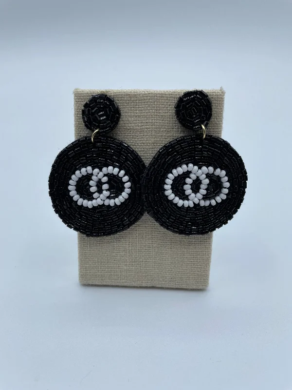 long drop earrings for women -Black Beaded With White Earrings