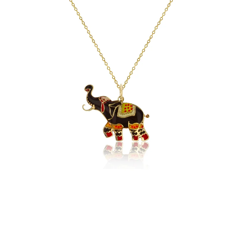 vintage gold necklaces for women -Black & Red Enamel Ornament Elephant Fancy Necklace (14K)