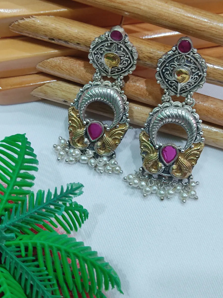 emerald earrings for women -Dazzling Brass And Copper Made Antique Oxidized Ruby Dangler Earrings