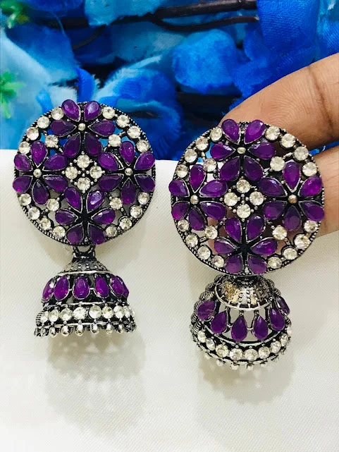 elegant earrings for women -Lovely Purple Color Oxidized Jhumka Earrings With Glittering Stones For Women