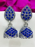 gold drop earrings for women -Beautiful Blue Color Oxidized Stone Worked Earrings