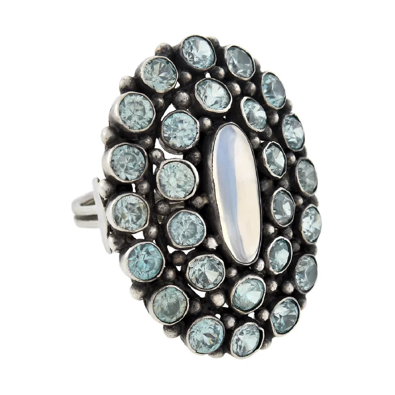 dainty rings for women -Early Retro Large Sterling Blue Zircon + Moonstone Cluster Ring