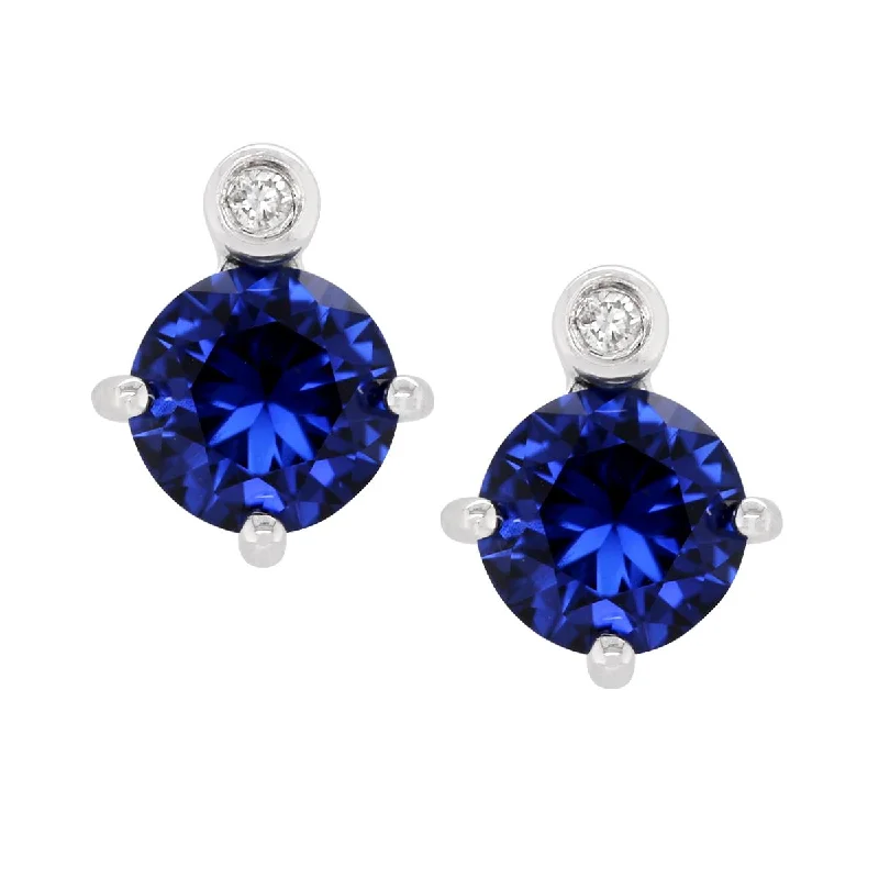 silver stud earrings for women -STERLING SILVER STUDS WITH LAB GROWN SAPPHIRE AND DIAMOND ACCENTS, .02 CT TW