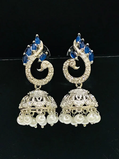 rhinestone earrings for women -Attractive Blue Colored American Diamond Earrings For Women