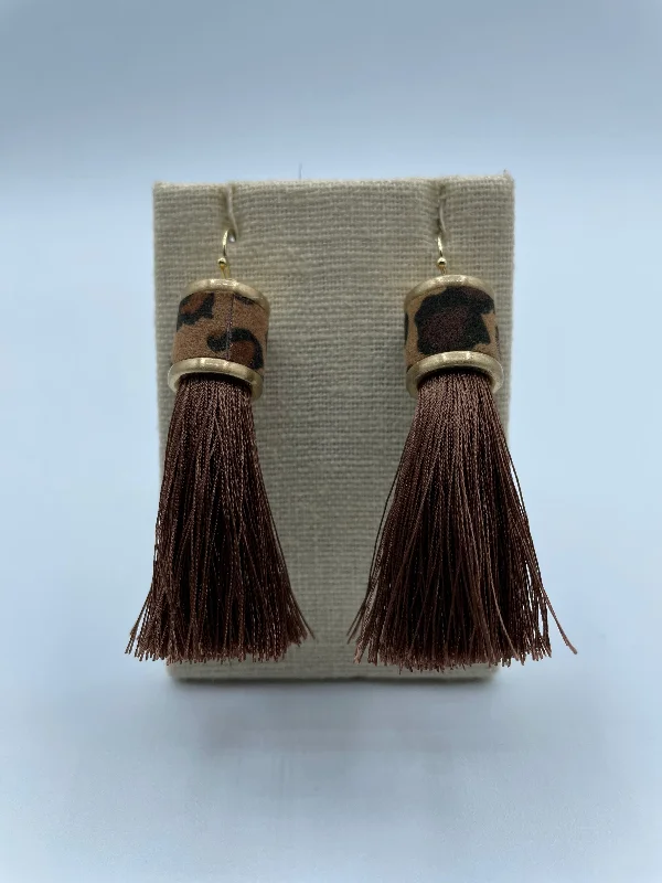 stylish earrings for women -Brown and Leopard Leather Cap Tassel Earrings