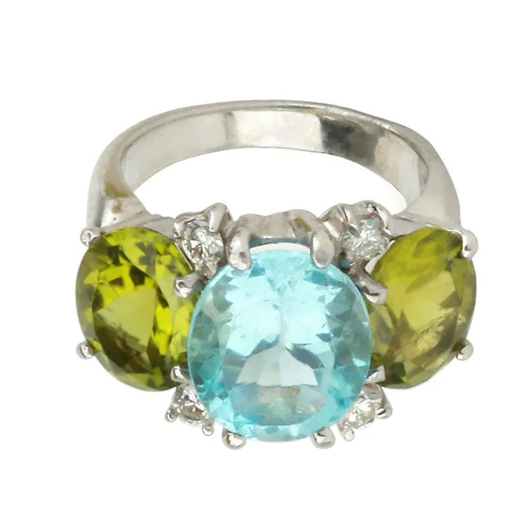 two-tone rings for women -Medium 18kt White Gold Gum Drop Ring with Blue Topaz and Peridot