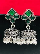 silver dangling earrings for women -Gorgeous Green Colored Oxidized Earrings For Women