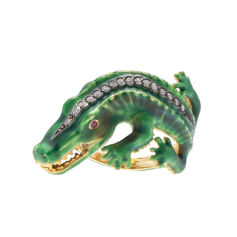 band rings for women -Estate 18k Enamel Alligator Ring