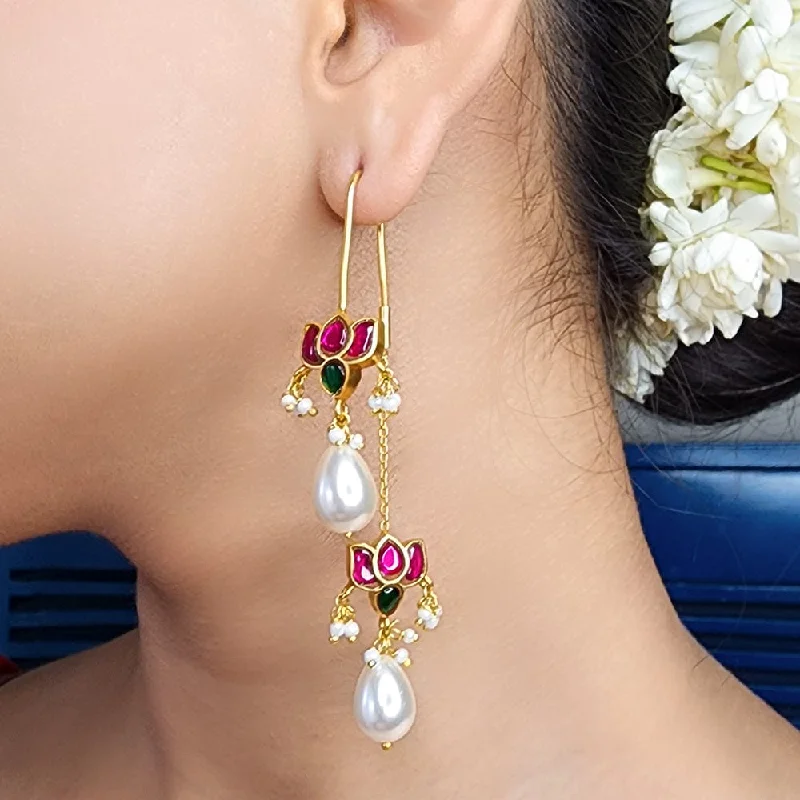 opal earrings for women -Double Lotus Kundan Silver 92.5 Sui Dhaga Earring