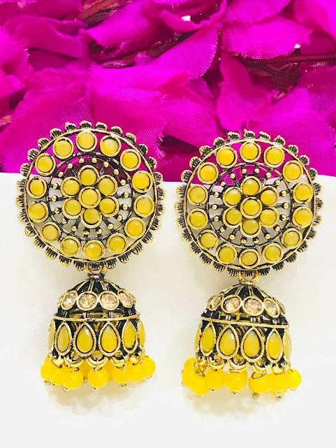 cute earrings for women -Delightful Yellow Colored Stone Work Jhumka Earrings For Women