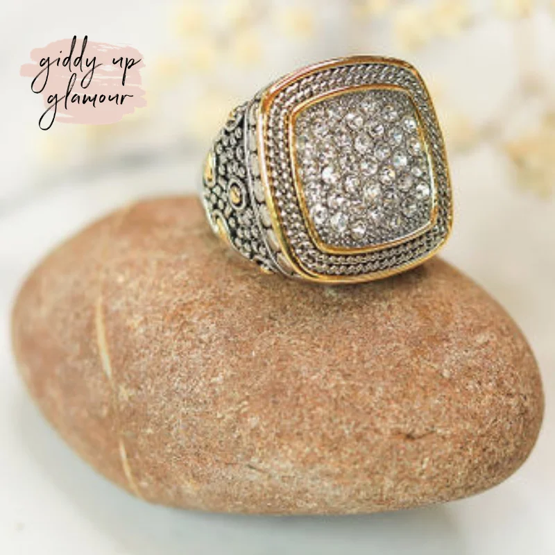 eco-friendly rings for women -Silver Toned Wheat Textured Fashion Ring with Clear Crystals