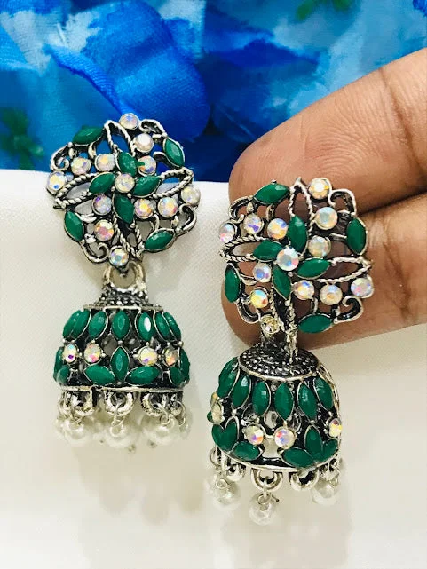 long earrings for women -Attractive Green Color Oxidized Jhumka Earrings With Beads And Stones