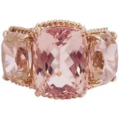 fine jewelry rings for women -Elegant Three Stone Morganite and Pink Topaz Ring with Gold Rope Twist Border