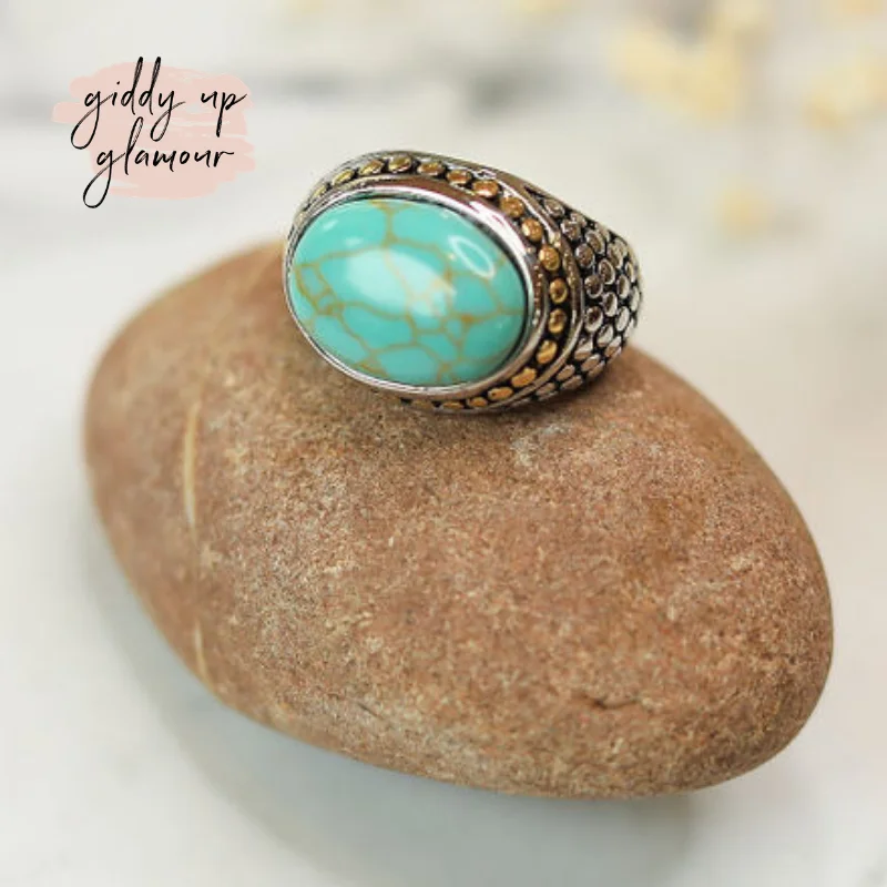 chunky rings for women -Two Toned Dome Fashion Ring with Faux Turquoise Stone