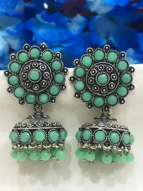 boho earrings for women -Gorgeous Teal Green Colored Oxidized Jhumka Earrings