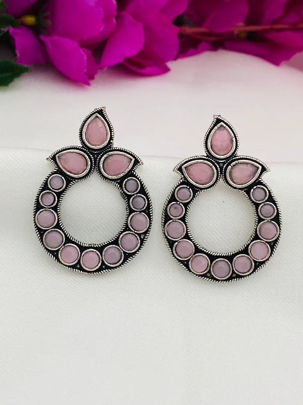 rhinestone earrings for women -Beautiful Pink stone Oxidized Earrings For Women