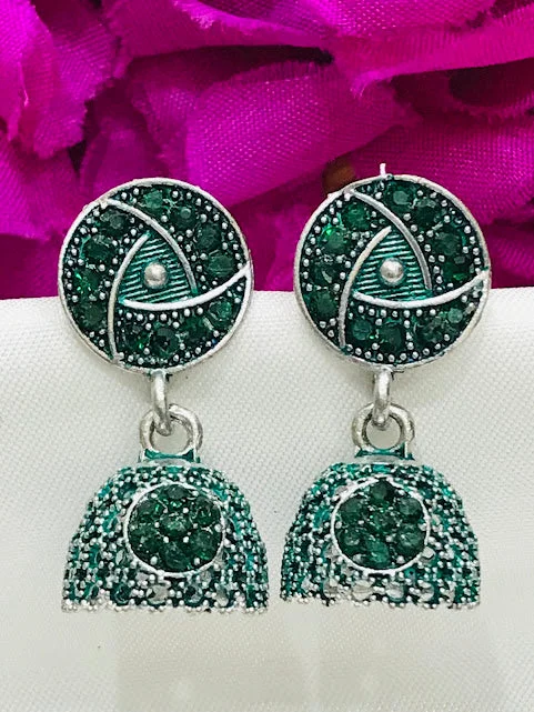 sapphire earrings for women -Beautiful Green Color Oxidized Stone And Print Worked Earrings