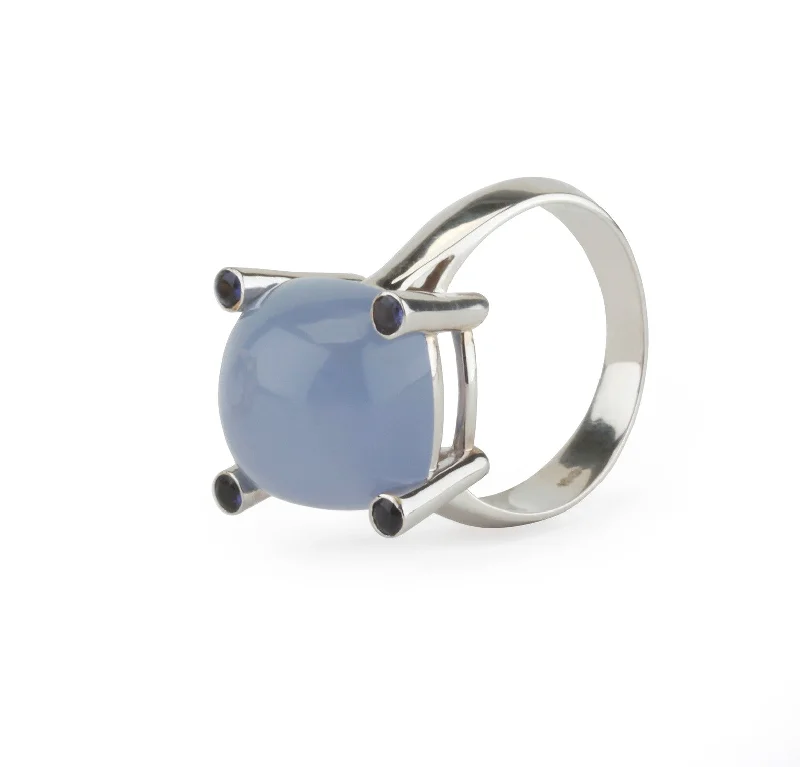 unique gemstone rings for women -18kt White Gold Small Cushion Ring with Cabochon Chalcedony and Iolite