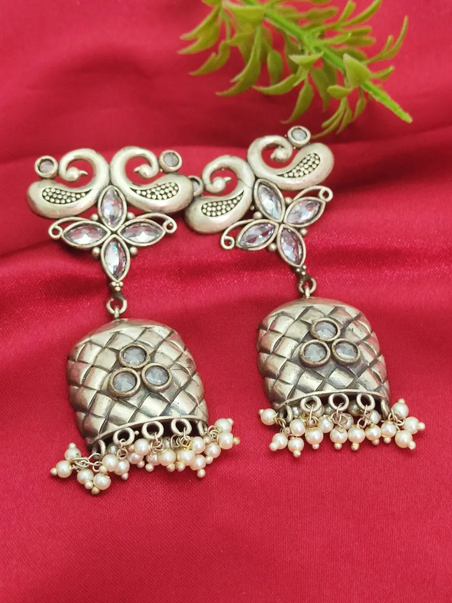 large earrings for women -Handcrafted Dual Tone Brass Peacock Oxidized Silver Earrings With Pearls