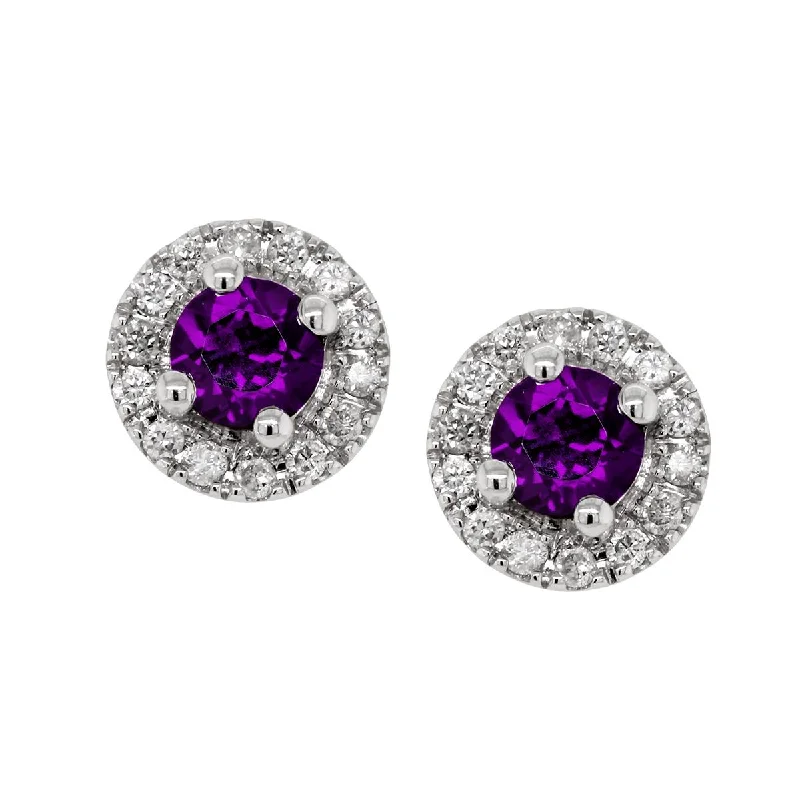 chic earrings for women -WHITE GOLD AMETHYST STUD EARRINGS WITH DIAMOND HALOS, .10 CT TW