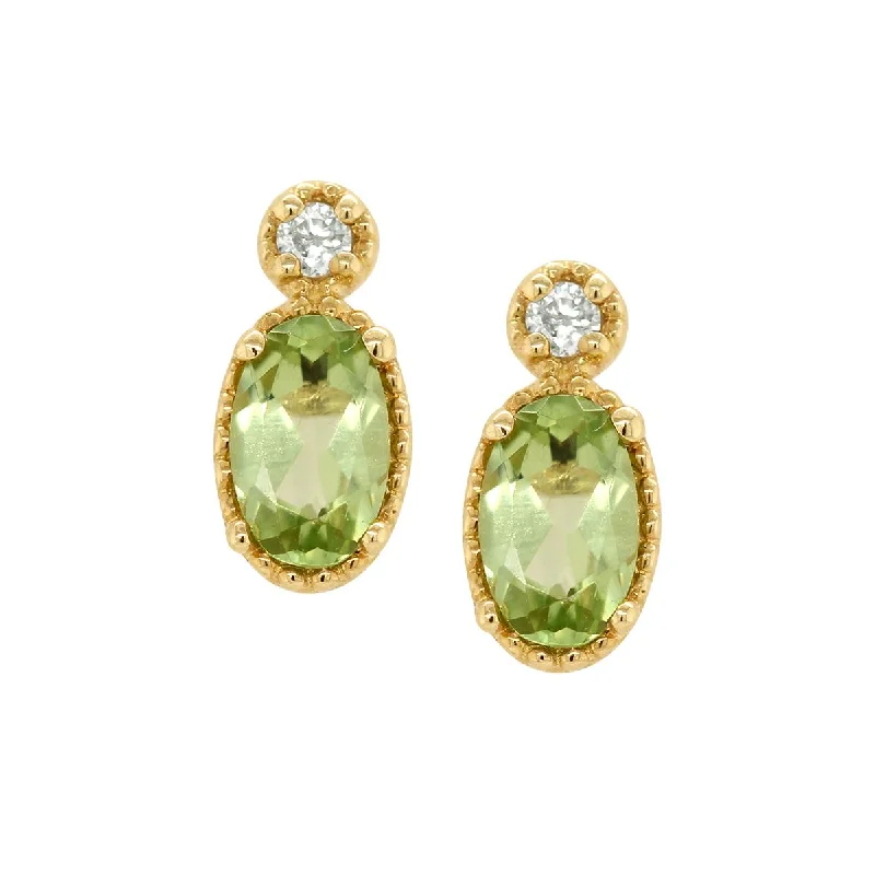 tassel drop earrings for women -YELLOW GOLD OVAL PERIDOT DANGLE EARRINGS WITH DIAMONDS, .03 CT TW