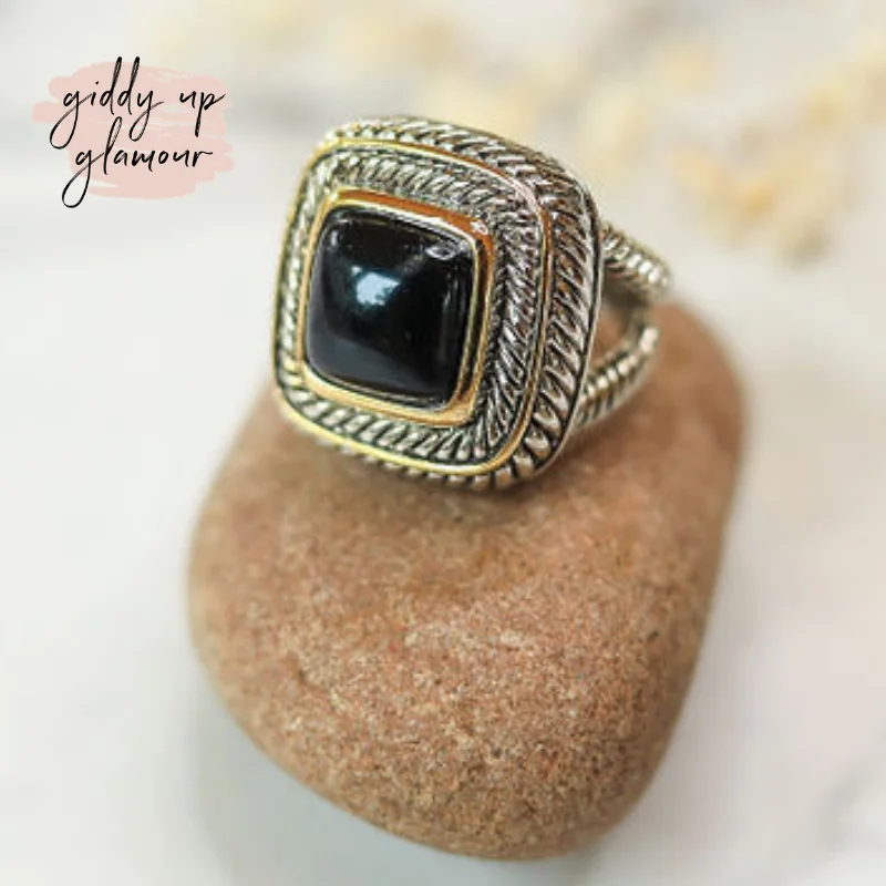 layered rings for women -Large Two Toned Ring with Black Stone