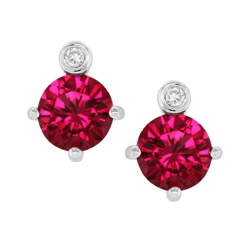 elegant earrings for women -STERLING SILVER STUDS WITH LAB GROWN RUBIES AND DIAMOND ACCENTS, .02 CT TW