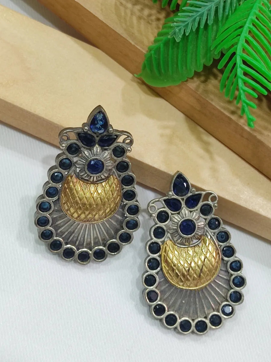 fashion earrings for women -Blue Stone Oxidized Studded Earrings